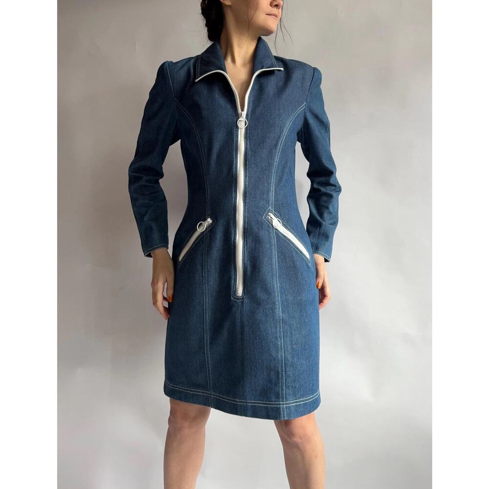 Chetta‎ B Cotton Denim Shoulder Pad Y2k Vintage Mini Zipper Moto Dress Sz 6